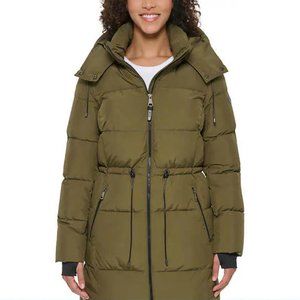 NWT DKNY Women's Long Hooded Thumb Hole Winter Parka Green Size L $200 7D006
